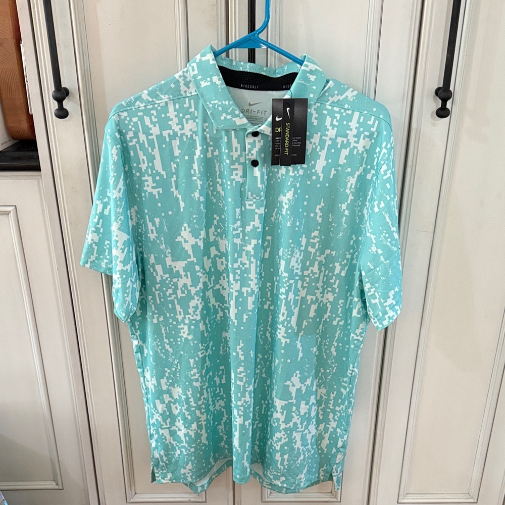 NWT Nike Golf Dri Fit Men's Teal and White Patterned Polo digital camo Large